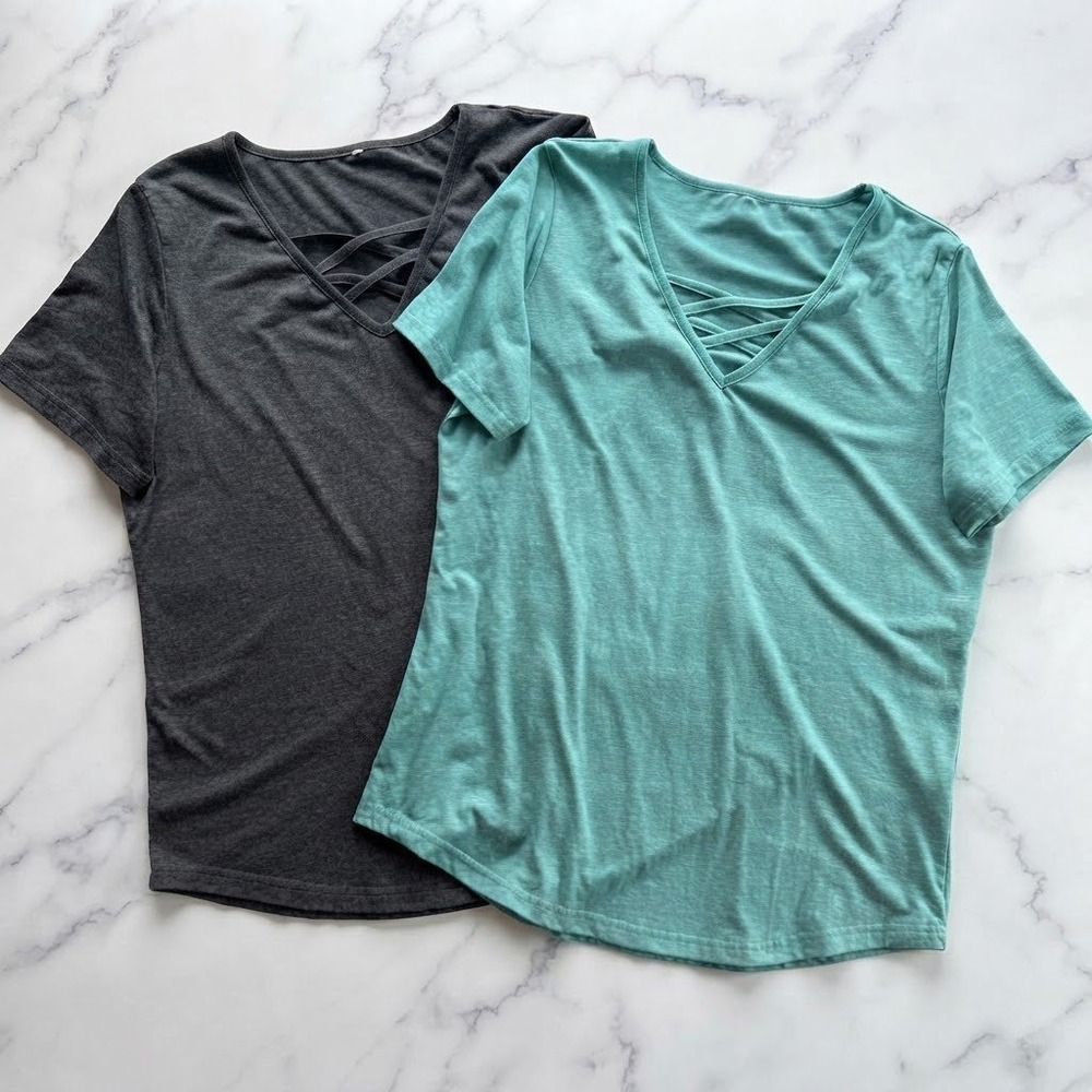 Set of 2 Women Lattice V-Neck Short Sleeve T-Shirts Gray Teal Large